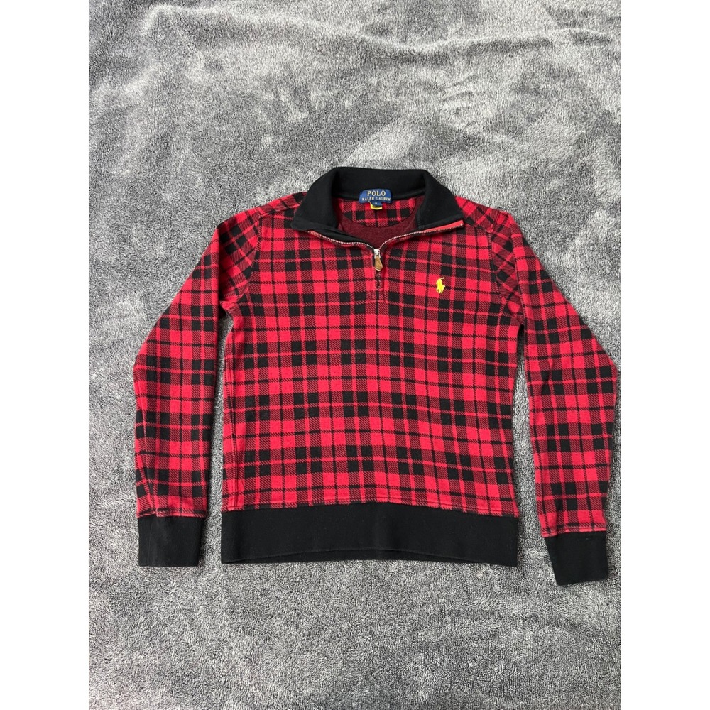 Polo Ralph Lauren Boys Red Black Plaid Quarter Zip Pullover Sweatshirt Size M - Picture 2 of 7